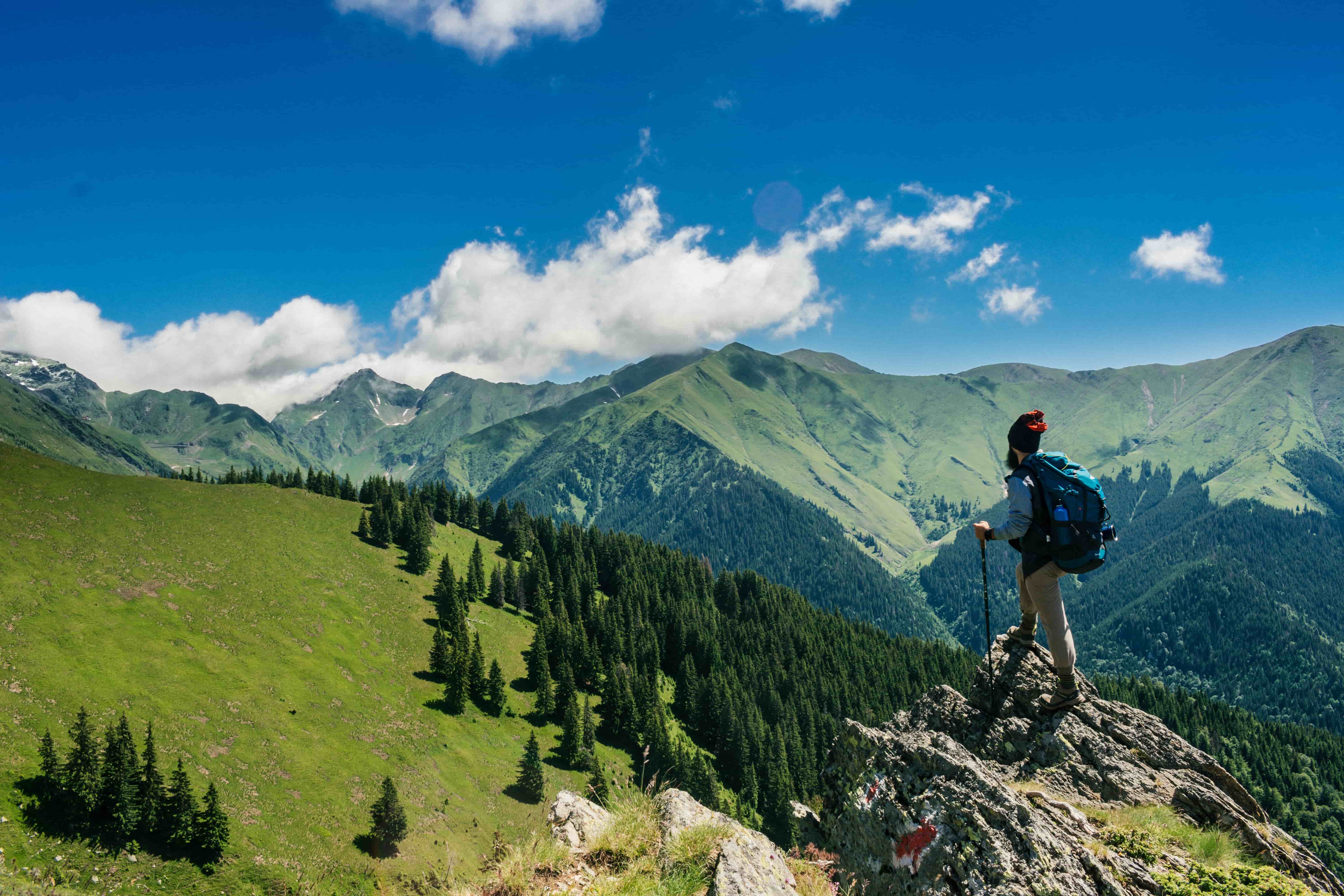 Hiker standing on a peak in the alps