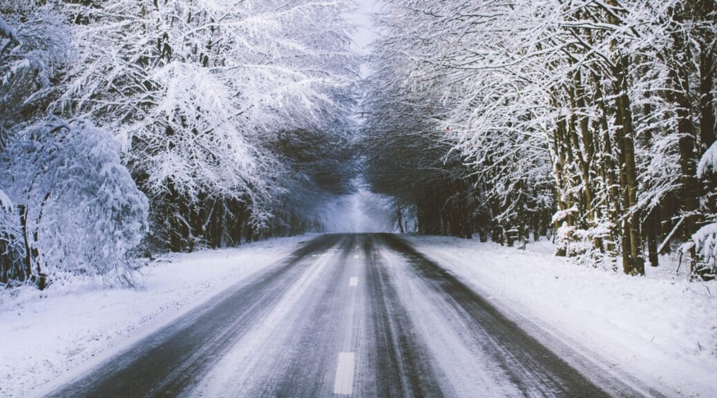 road lined with snowy pavements and trees