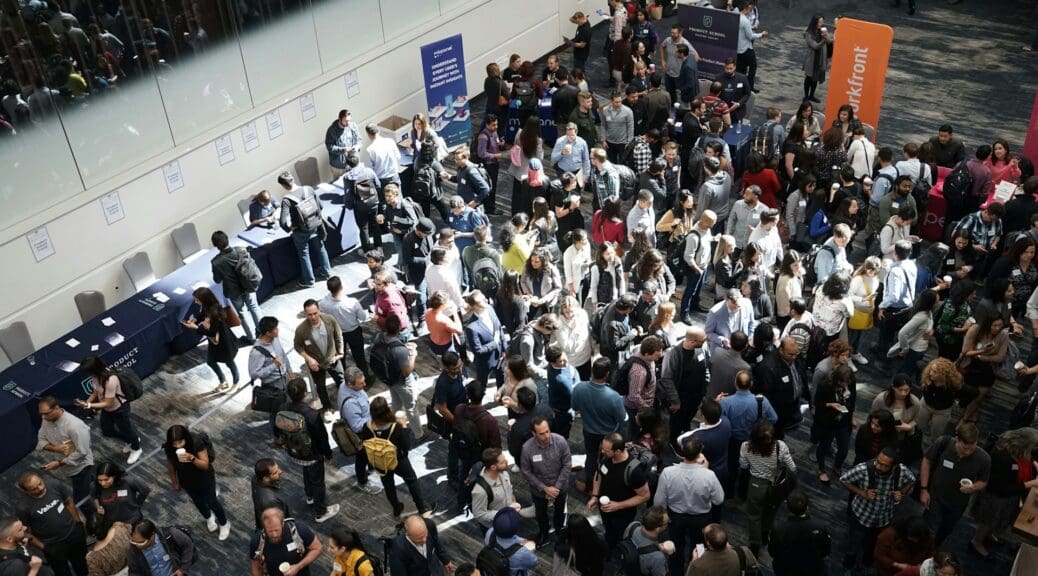 Birds eye view of a busy corporate conference in Alps