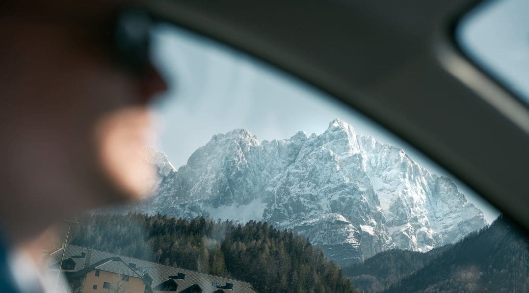 Alpine view from car - travelling from Geneva to Morzine