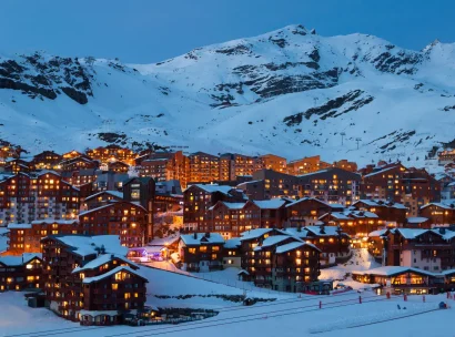A ski resort lit up at night