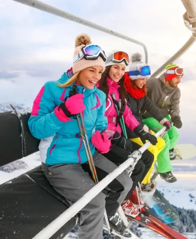 A group having fun on a ski lift